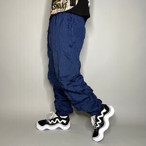Vintage Track Pants Navy Blue Nylon Joggers Baggy Fit has Ankle Zippers 90s